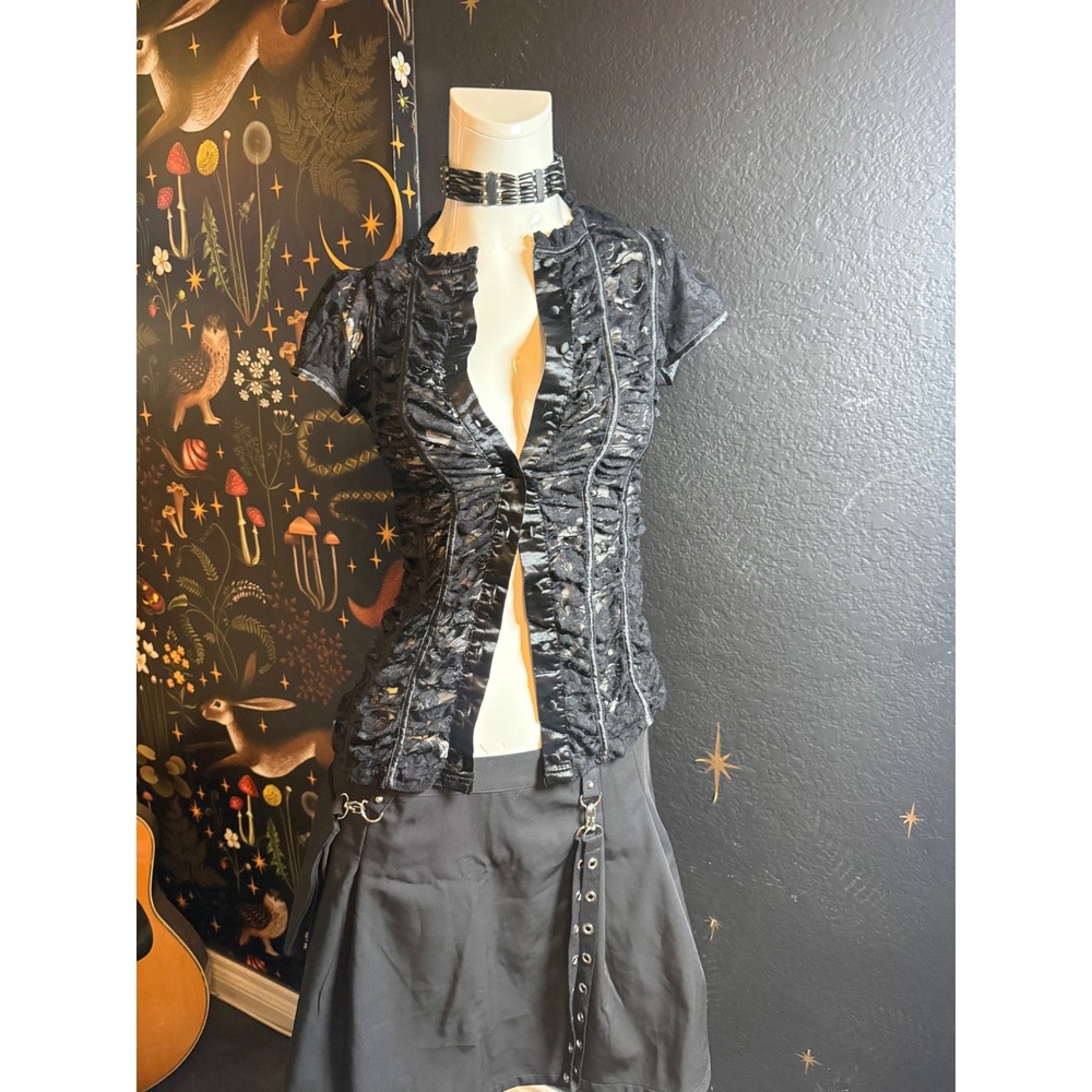 Faith 21 Black Floral Lace Ruffle Corset Style Blouse Sheer Gothic Top